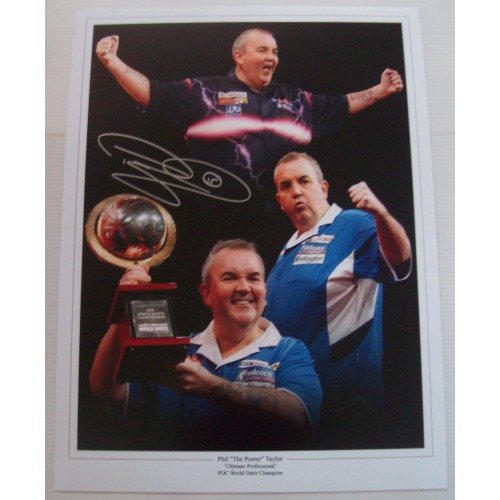 Phil 'The Power' Taylor Signed 12x16 Darts Montage Photograph
