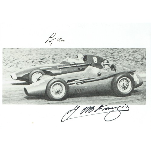 Juan.Manuel Fangio and Stirling Moss Signed 7x5 Black & White Photograph