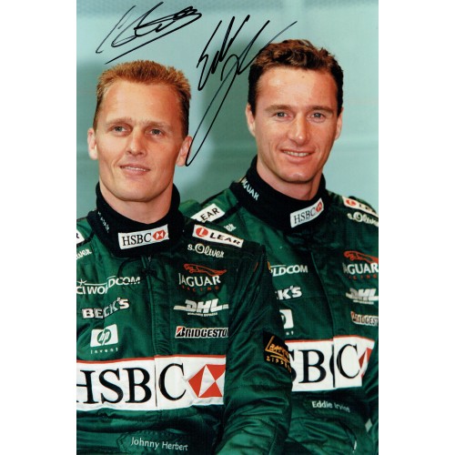 Johnny Herbert & Eddie Irvine Dual Signed Jaguar Racing R1 F1 Grand Prix Photograph