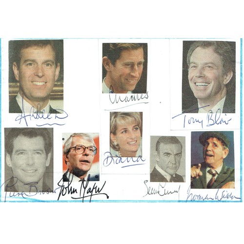 Princess Diana, Prince Charles, Sean Connery Etc Sheet of Eight Autograph Signatures 