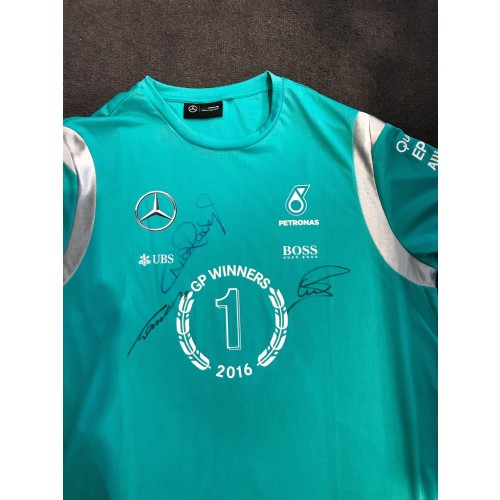 Lewis Hamilton, Nico Rosberg, & Niki Lauda signed 2016 AMG-Petronas F1 t-shirt