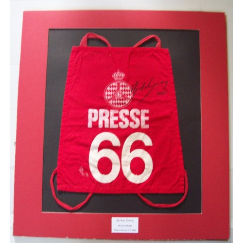 Ayrton Senna Signed & Dated & Mounted 1989 Monaco 'Presse 66' Bib Year Senna Won The Monaco GP