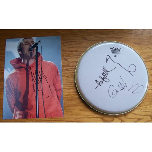 Oasis Band Signed Drum Skin & Liam Gallagher Signed 8x12 Photograph