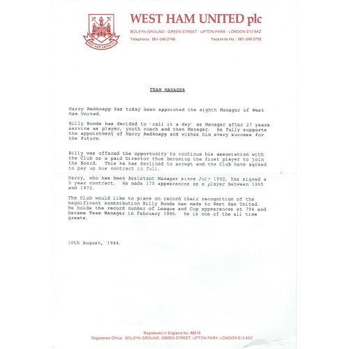 West Ham Utd -1994 Billy Bonds Sacking Original Letter & Appointment of Harry Redknapp