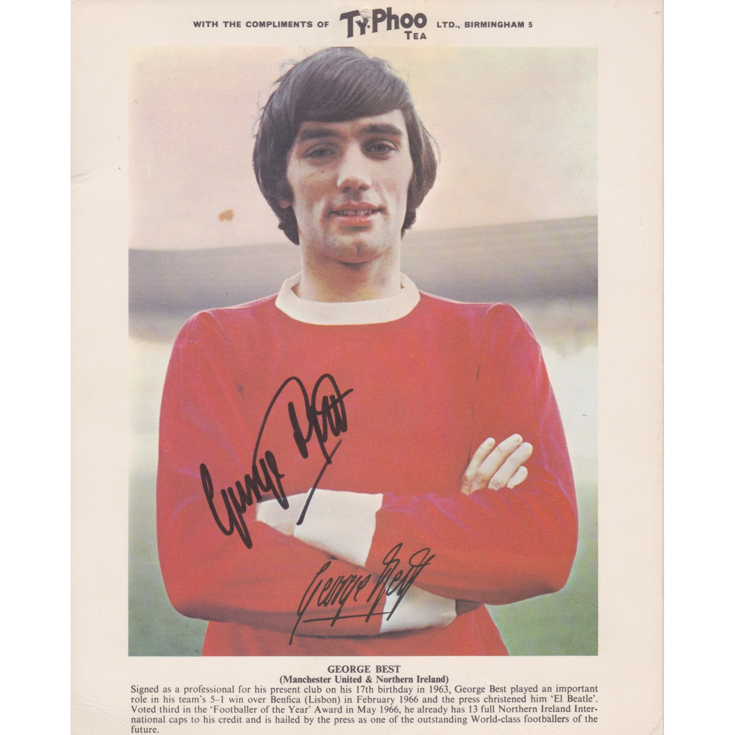 George Best Inception Card George Best An Extremely Rare Signed 8x10 TyPhoo Tea Promo Card!! 22610