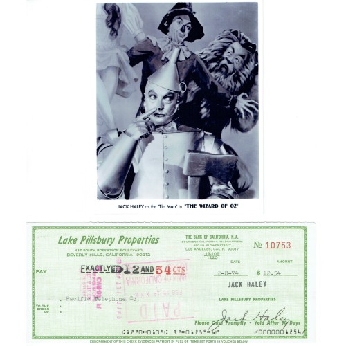 Jack Haley (1897 1979) Tin Man Wizard of Oz  Signed 1974 Cheque.