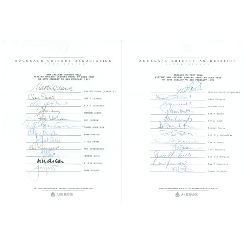 New Zealand and England Cricket Signed Team Sheets For The 2nd Test In 1992