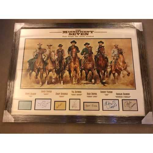 Magnificent Seven Signed Framed Presentation of Steve McQueen, Yul Brynner, Horst Buchholz, James Coburn, Brad Dexter & Robert Vaughn