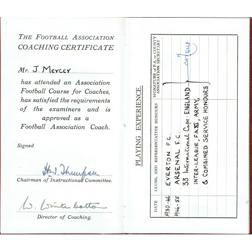 Joe Mercer Personal F.A Coaching Certificate Book 1939 1945 & Two In 1955