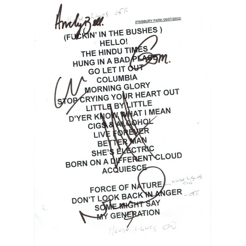 Oasis Band Fully Signed A4  Finsbury Park Concert on July 5th 2002