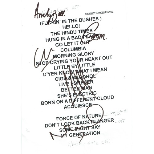 Oasis Band Fully Signed A4 Finsbury Park Concert on July 5th 2002