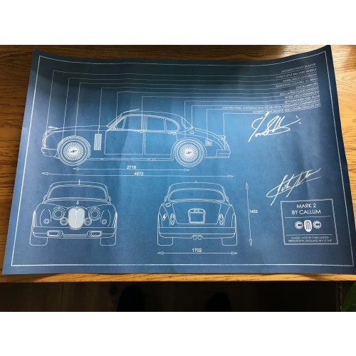 Ian Callum & John Surtees Signed Blue Print Poster From The Callum Mk II Jaguar Press launch