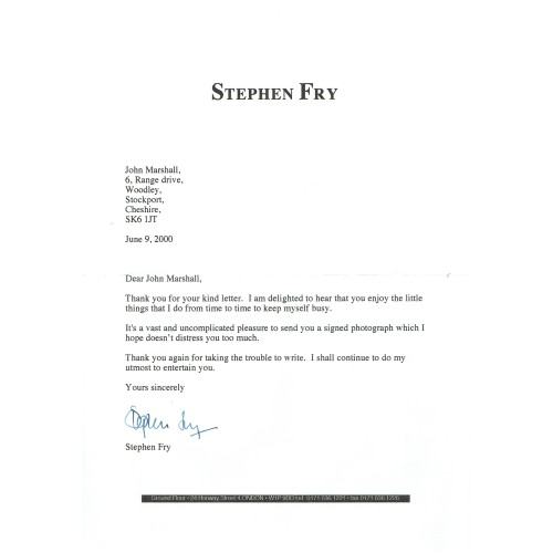 Stephen Fry Signed A4 Letter Headed Paper