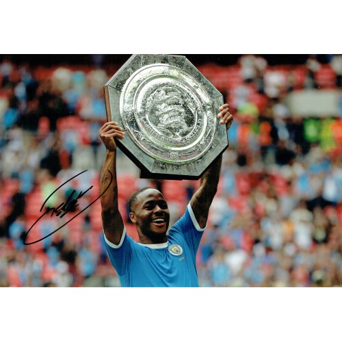 Raheem Sterling Signed Manchester City 12x8 Community Shield Photograph