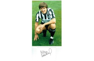 Peter Beardsley Signed 5x3 Inch Card and 8x12 Newcastle Utd Photograph