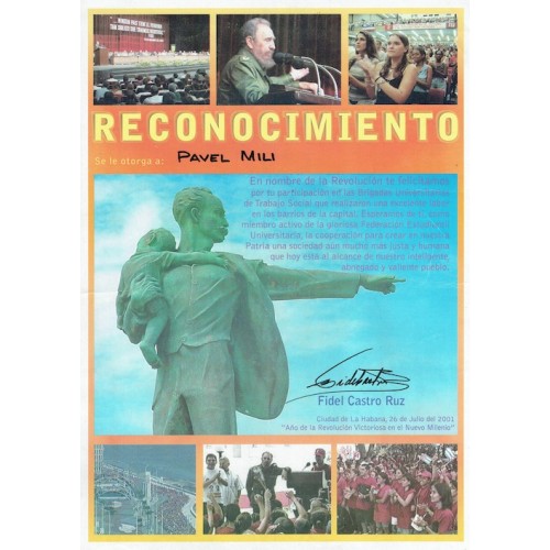 Fidel Castro Signed Award Reconocimiento Certificate Poster Hassel Espinosa Illas 2001 