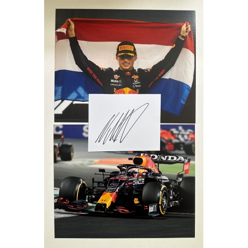 Max Verstappen Signed White Card & Two 10x8 Inch F1 Red Bull Racing Photographs